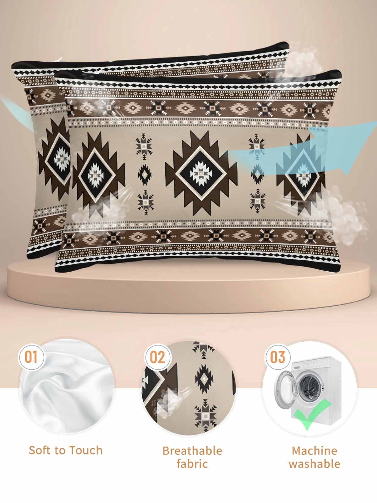 Brown Aztec Pillow Cases King Size Set of 2, Smooth Satin Pillowcase for Hair and Skin, Boho Southwest Ethnic Neutral Motifs Decorative Cooling Bed Pillow Covers with Zipper, 20x36 Inches