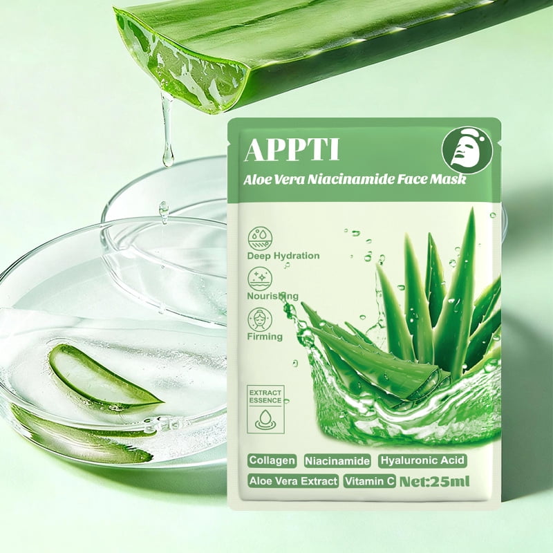 20PCS APPTI Aloe Vera Niacinamide Face Mask – Soothing & Brightening Treatment for Calming Irritation, Minimizing Pores & Balancing Tone for a Clear, Even & Hydrated Complexion.