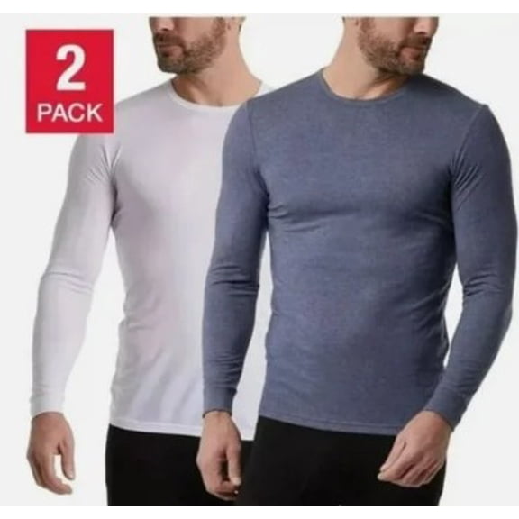 32 Degrees Heat Men’s Long Sleeve Crew Neck Shirt, 2-Pack – White & Heather Blue, X-Large