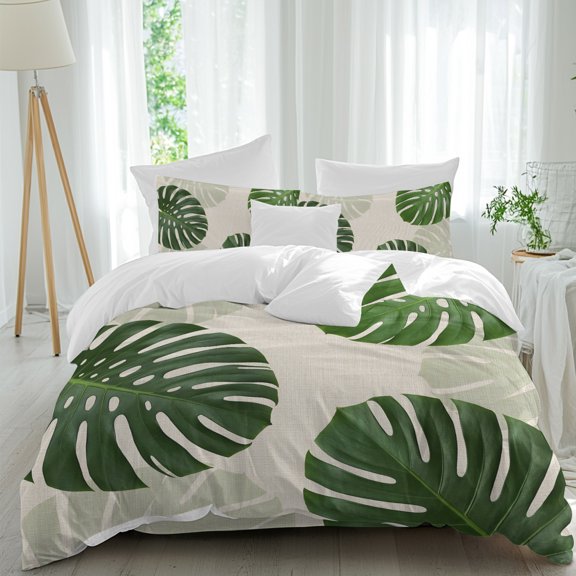 Monstera Leaves Bedding Duvet Cover Set Twin Size 4 Pieces, Modern BohoTropical Green Botanical Linen Textured Bedding Set with Zipper Closure, 1 Comforter Cover 68x90in 1 Flat Sheet & 2 Pillow Cases