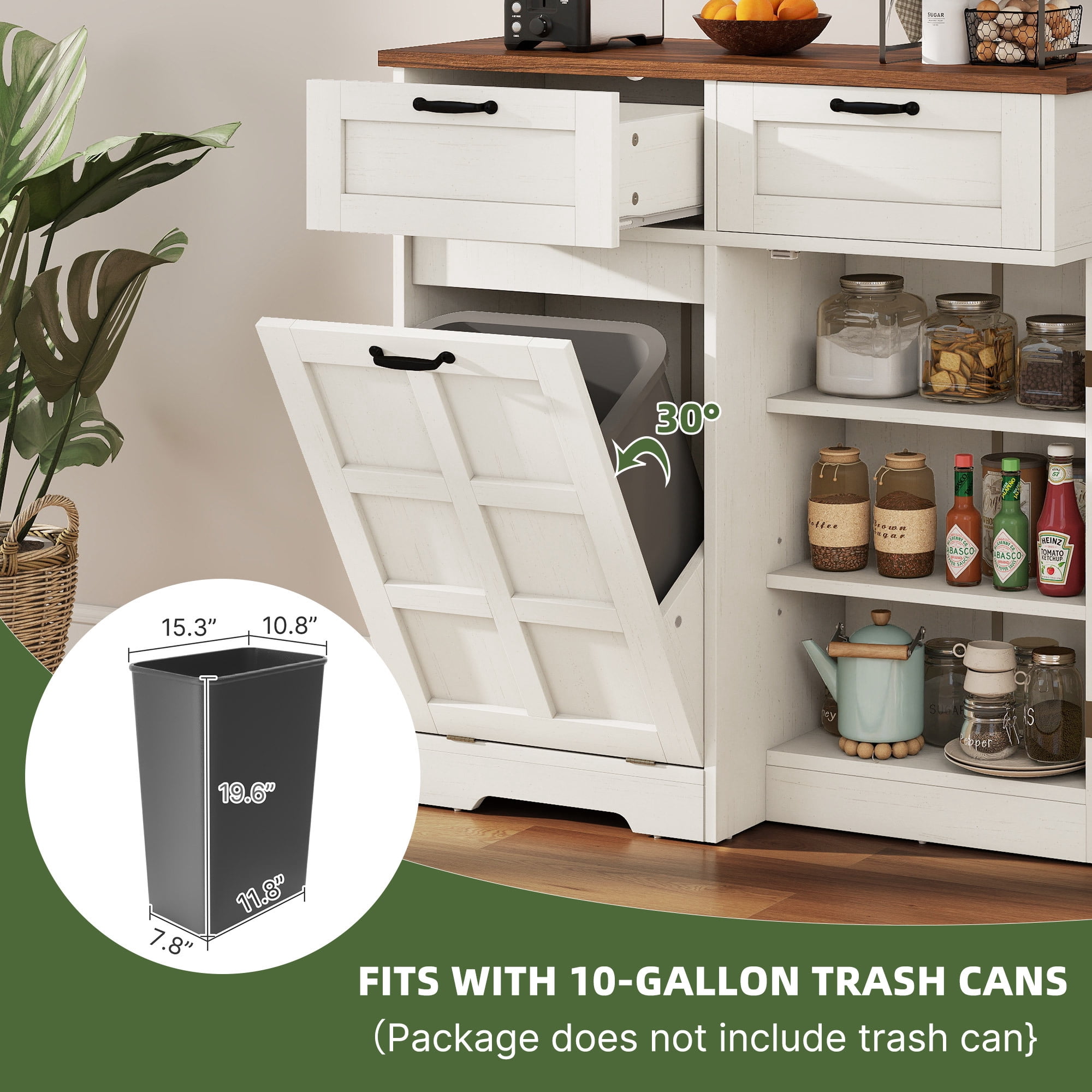 Uforic Kitchen Storage Buffet Cabinet for 10-gal Trash Bin, Tilt Out Trash Cabinet with Drawers & Shelves, White