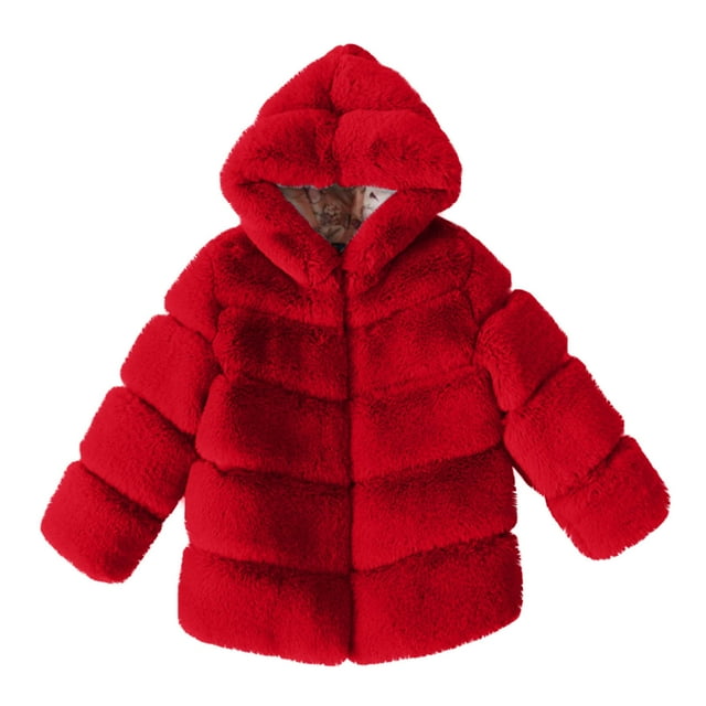 Girls Solid Color Faux Fur Hooded Jacket Winter Warm Insulated Coat with Thick Fleece Lining polyester material