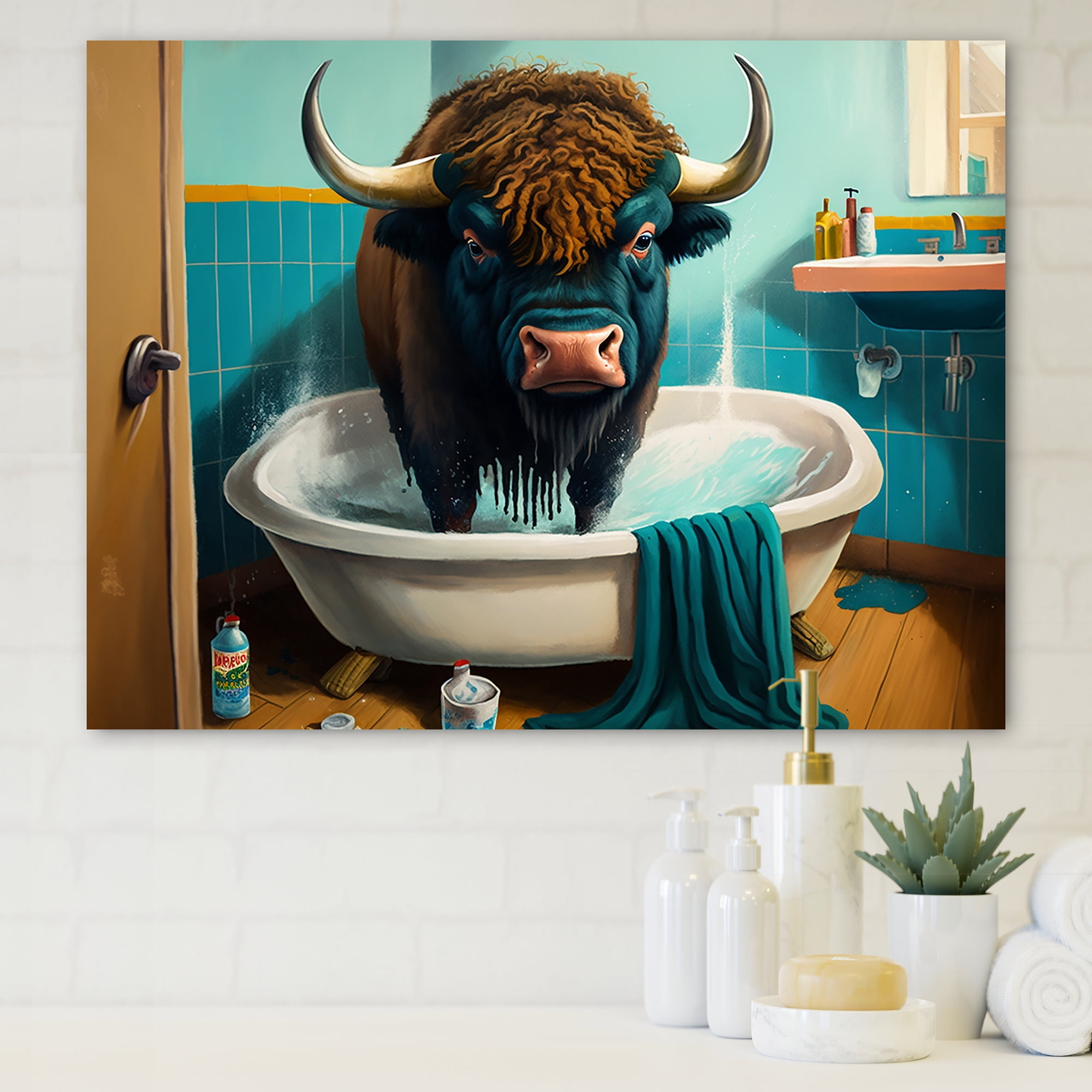 Designart Bison Cartoon Making A Mess In The Tub Canvas Wall Art