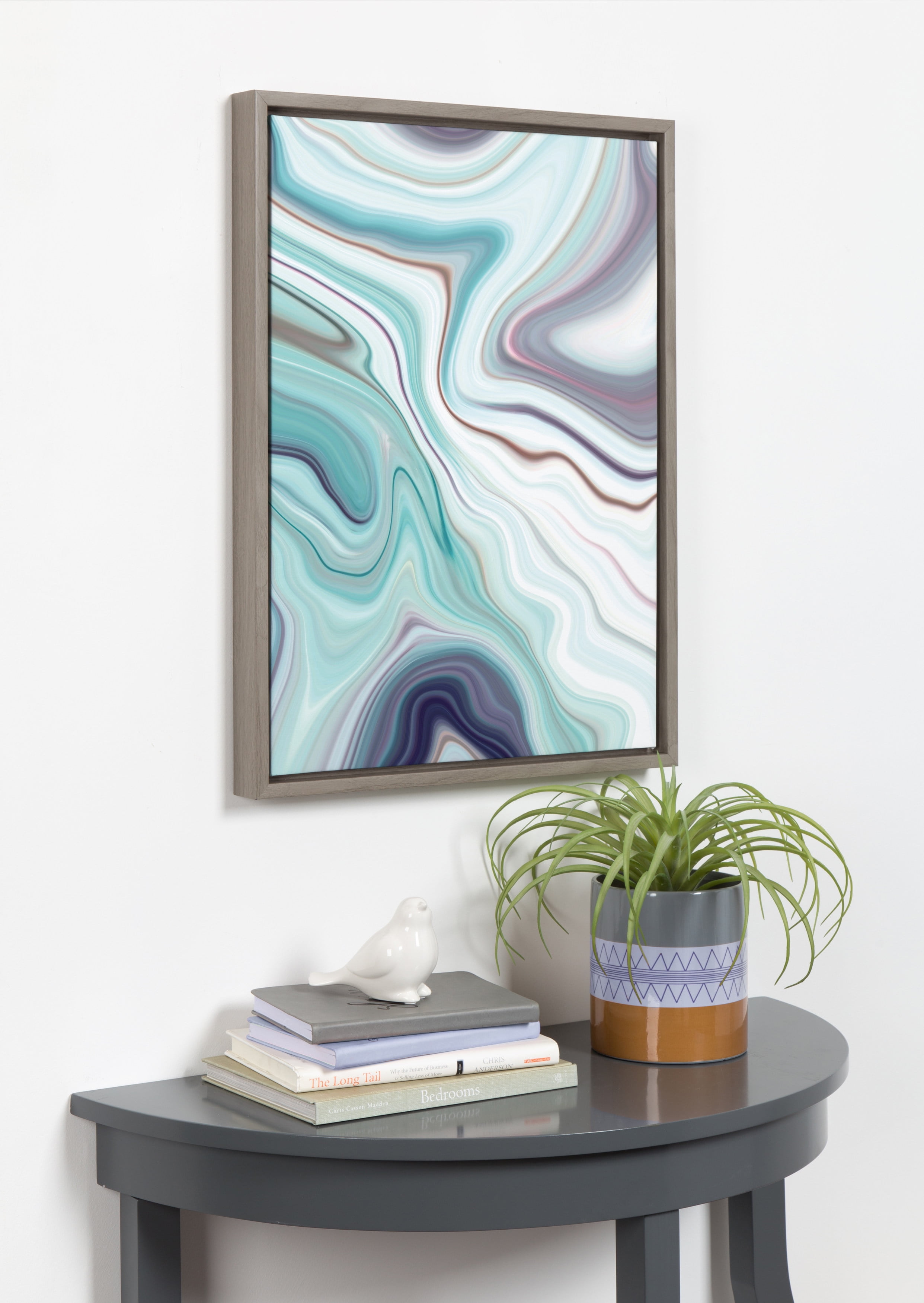 Kate and Laurel Sylvie Aqua Marine and Purple Marble Abstract Framed Canvas Wall Art by Amy Peterson, 18x24 Gray