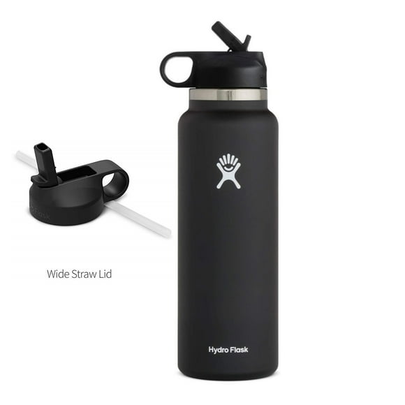 Hydro Flask 40oz Water bottle Stainless Steel & Vacuum Insulated with Straw Lid- Black - 2.0 New Design