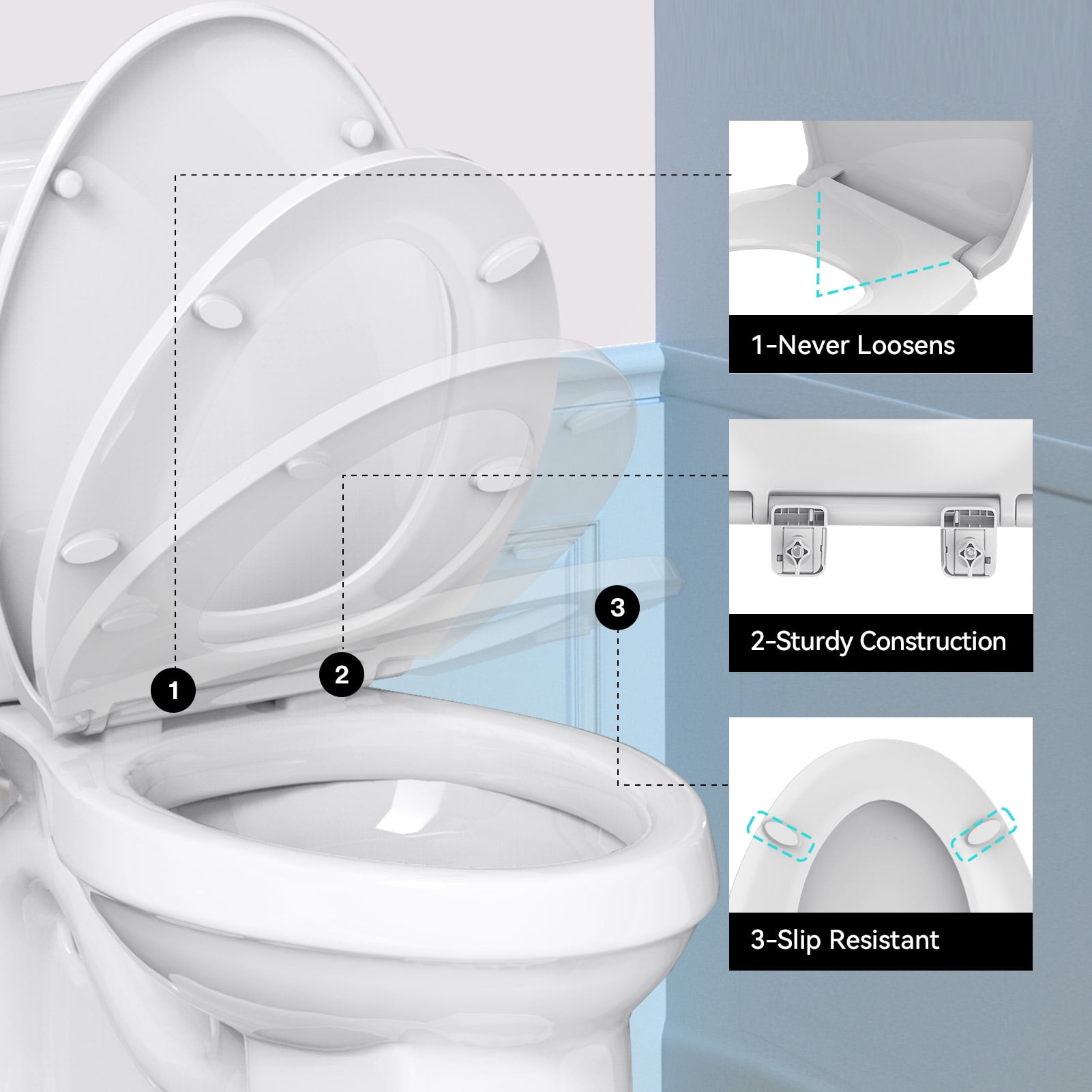 R&T Elongated 400 pound Toilet Seat, Heavy Duty Oval Plastic Toilet Seat Soft Close White B1130