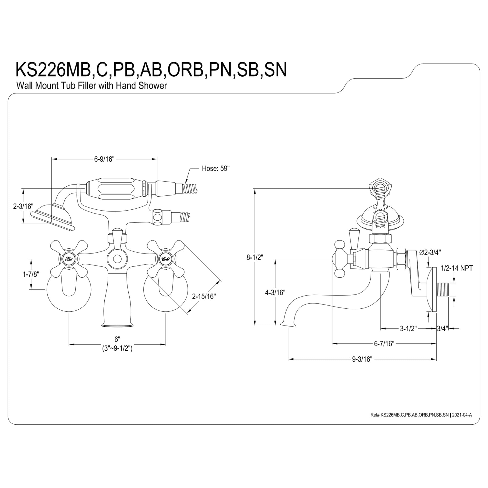 Kingston Brass KS226AB Kingston Wall Mount Tub Faucet with Hand Shower, Antique Brass