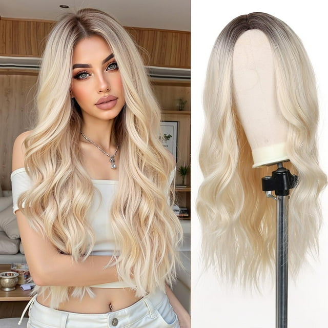 Esmee Pelucas rubias de 26 pulgadas de largo para mujer, pelo sintético natural, peluca rubia ombre con raíces oscuras, peluca sintética, pelucas onduladas sueltas, resistentes al calor