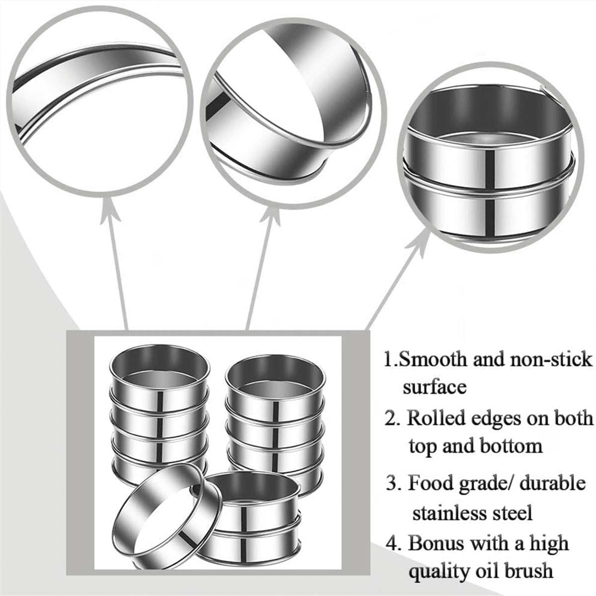 12 Crumpet-Ringe Aus Edelstahl – 10,2 Cm, Antihaft, Doppelt Gerollt – Perfekt Für Muffins & Pfannkuchen