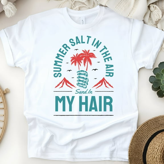Summer Salt in the Air Sand in My Hair T-Shirt with Palm Tree & Volcano, White, Size S