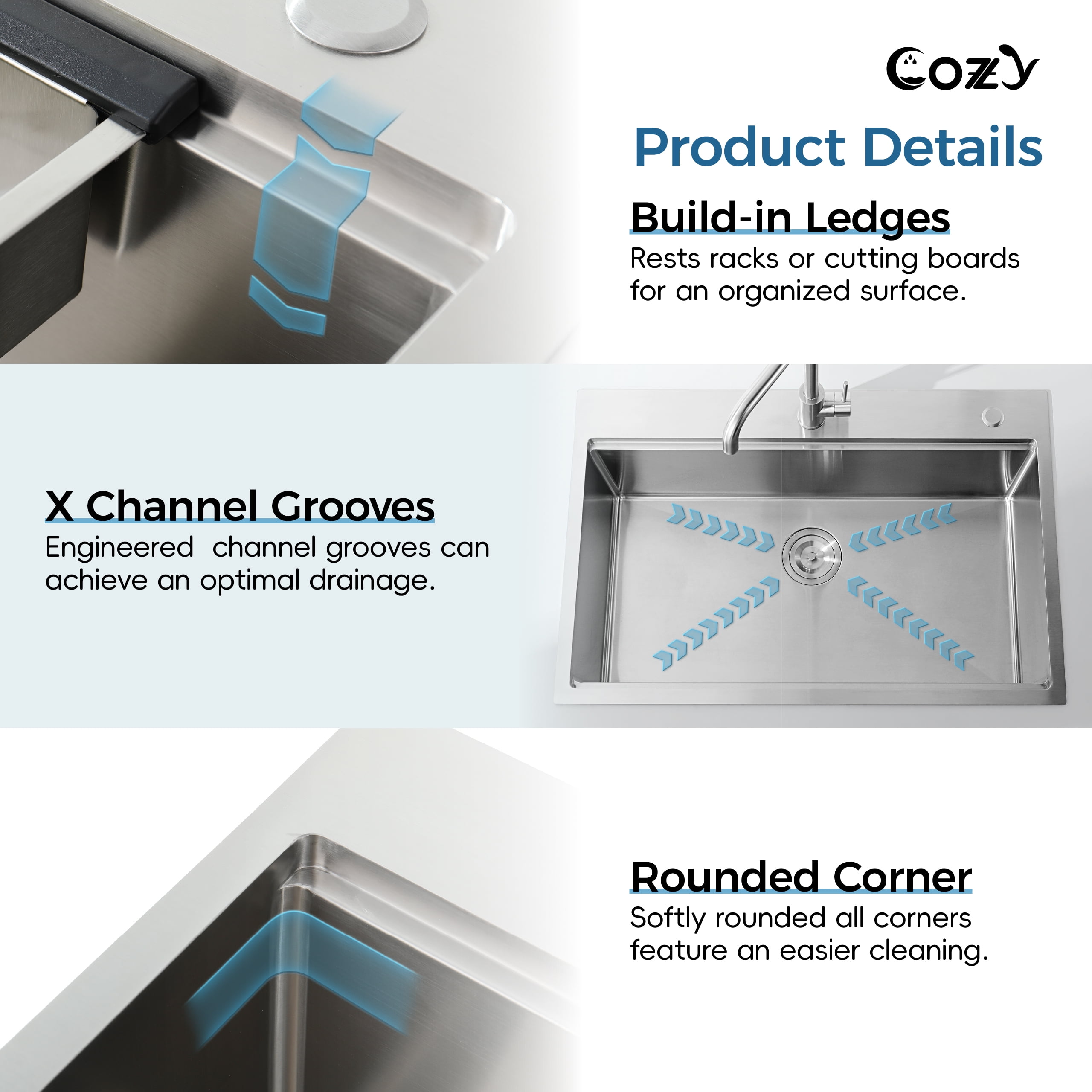 COZY Stainless Steel Kitchen Sink, Single Bowl, Overmount Handmade Sink, with US Standard Drain and Hook.