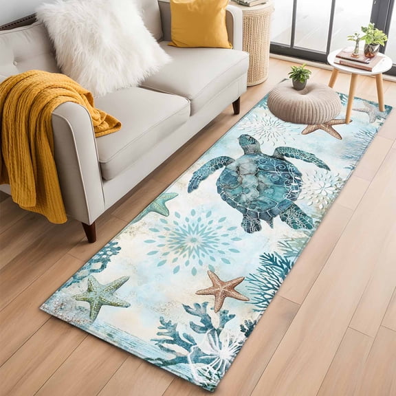 Teal Turtle Coastal Runner Rug 2x6 FT,Non Slip Hallway Rugs,Summer Beach Starfish Nautical Sea Washable Soft Floor Carpet Throw Runner Carpet Long Rugs for Entryway Kitchen Bedside Sliding Door