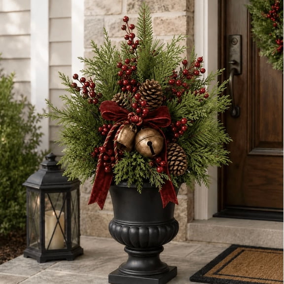 Battery Powered Pre‑Lit Christmas Urn Filler Artificial Evergreen Greenery With Red Berries Pinecones Vintage Bells For Outdoor Front Door Planter Decor