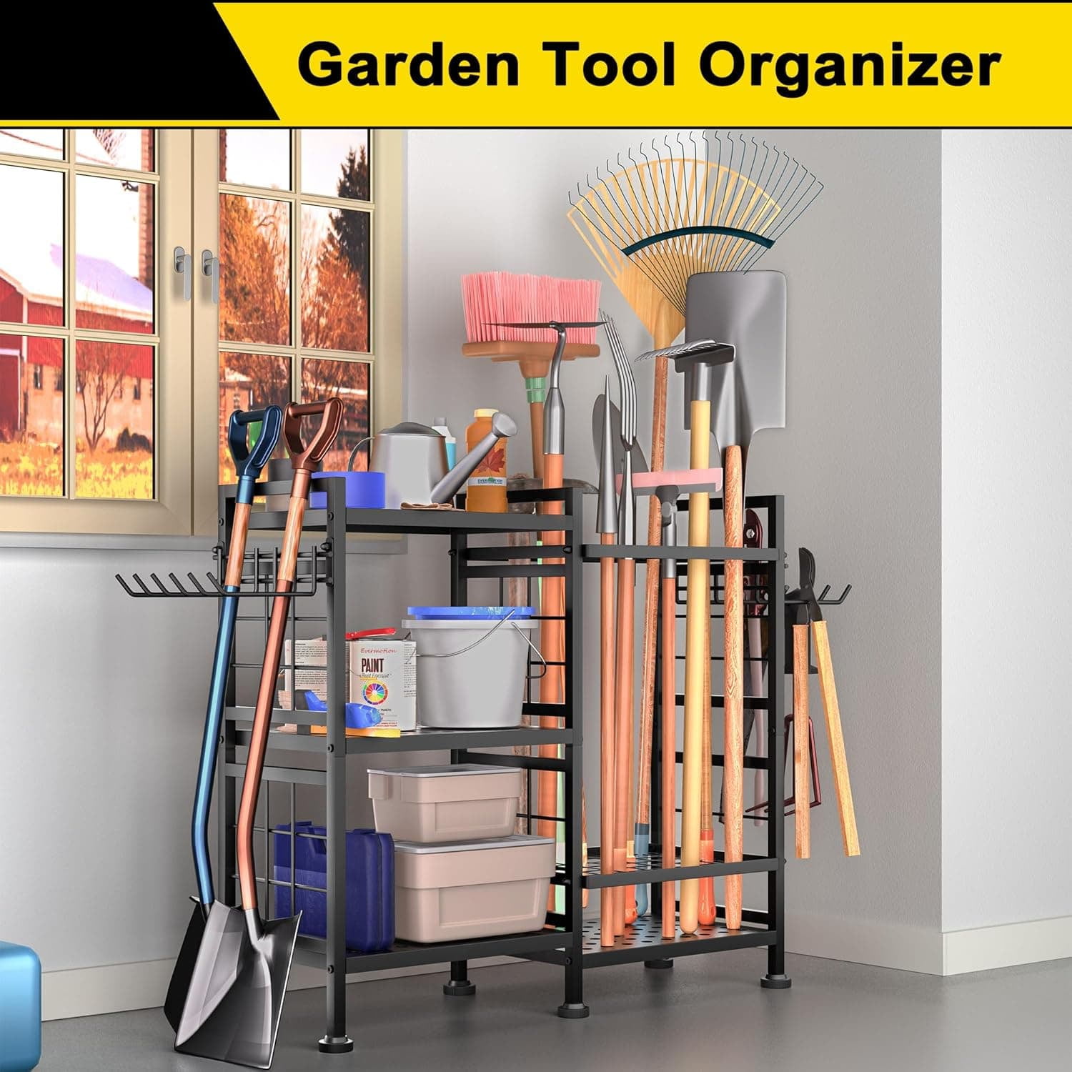 6 Tier Garden Tool Organizer, Garage Storage and Organization, Metal Yard Tools Storage Rack, Heavy Duty Garden Tool Organizer for Garage, Yard, Patio, Shed, Indoors and Outdoors, Black