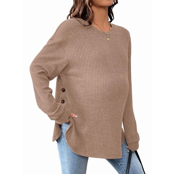 Camiseta de Maternidad de Larga para Mujer, Top Deportivo, Túnica, Atuendo para Mamá. Caqui L