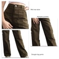 thumbnail image 4 of Pantalones de mujer con múltiples bolsillos Ajuste relajado Pierna ancha recta Cintura media Pantalones casuales de calle OD Verde L, 4 of 5