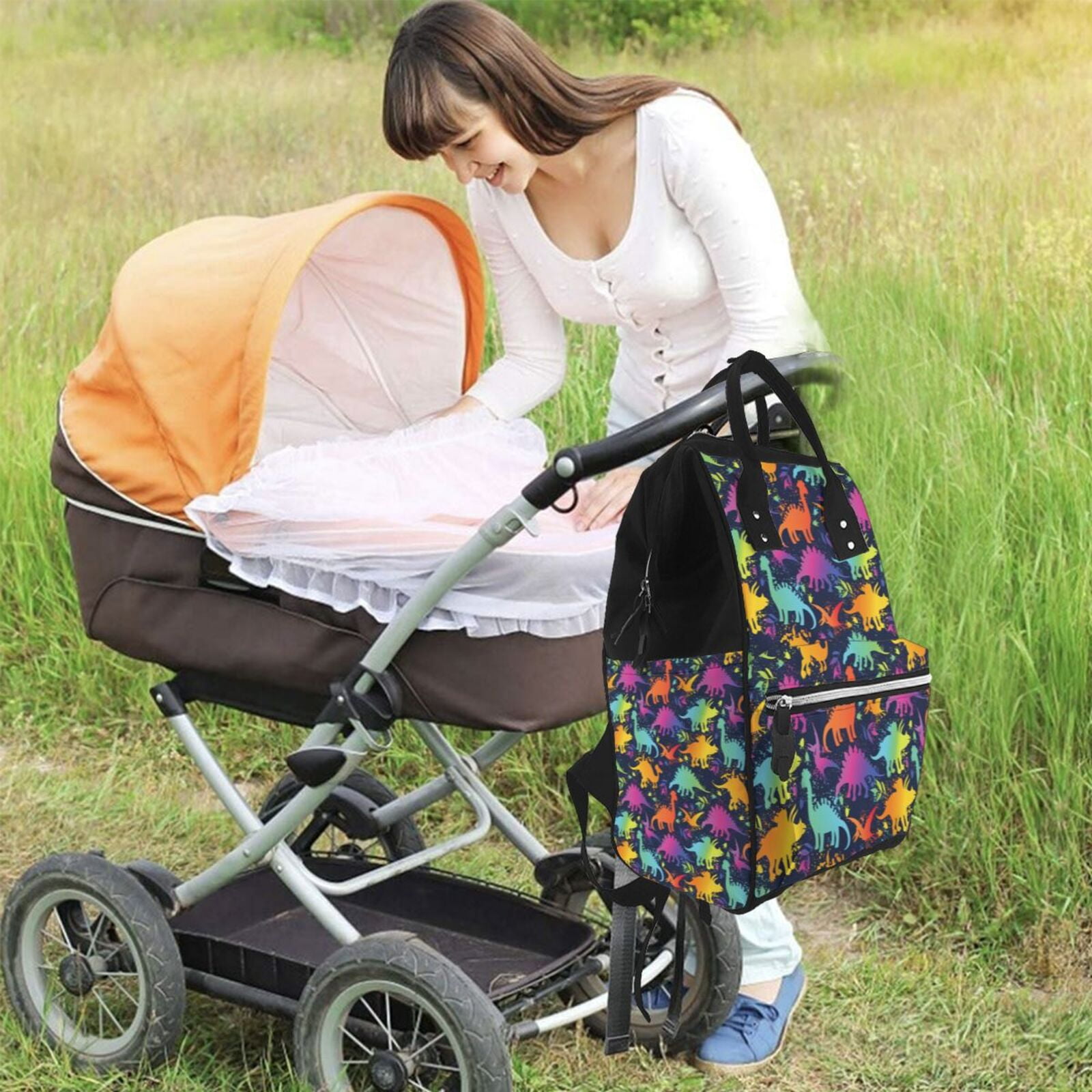 Ratiio Colorful Dinosaur Mummy Backpack - Waterproof Twill Canvas, Large Capacity Diaper Bag with Multiple Pockets and Adjustable Straps