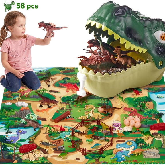 Zacro Dinosaur Toys for Kids, 58PCS Dinosaur Playset with T-Rex Storage Head, Dinosaur Figures and Play Mat for Toddler Boys & Girls