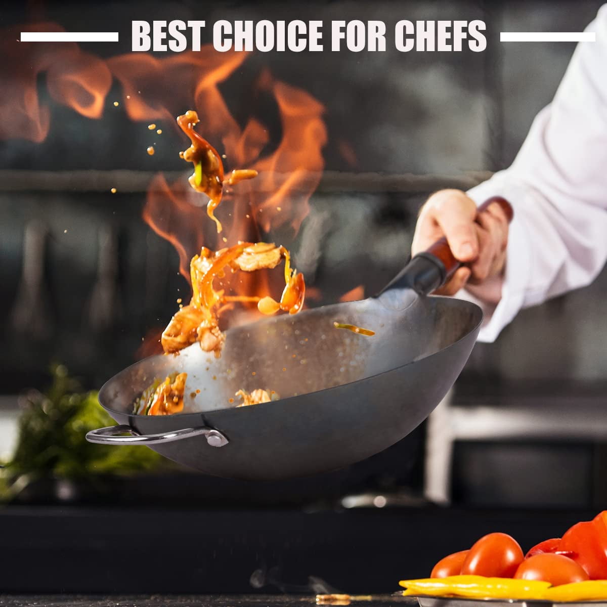 13.4 Inch Hand Hammered Carbon Steel Wok Set, Traditional Round Bottom Chinese Wok Pan with 8 Pieces Complete Cookware Accessories