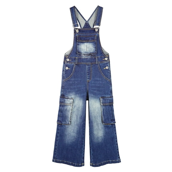KIDSCOOL SPACE Girls Denim Overalls,Wide Leg Accordion Deep Heel Pockets Cargo Jeans Dungarees,DeepBlue,9-10 Years