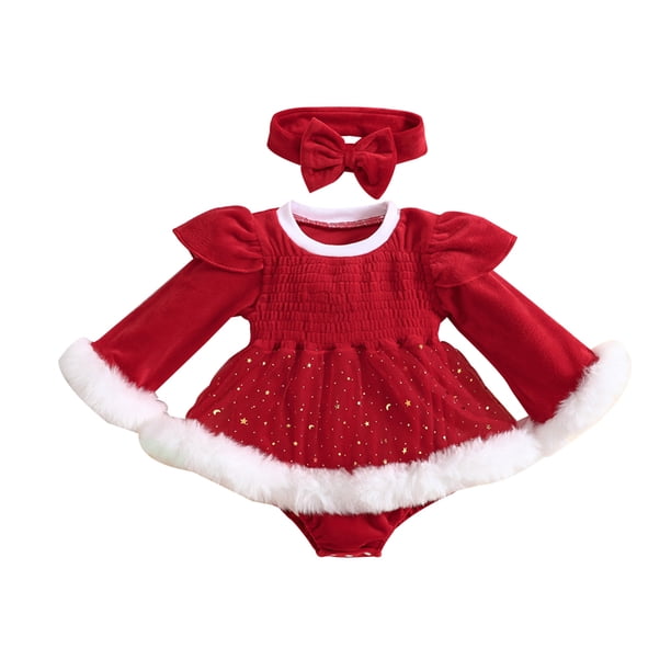 Suefunskry, trajes de Navidad para niñas, vestido mameluco de terciopelo con adornos de piel de manga larga + conjunto de diadema, ropa de Navidad para recién nacidos de 3 a 24 meses