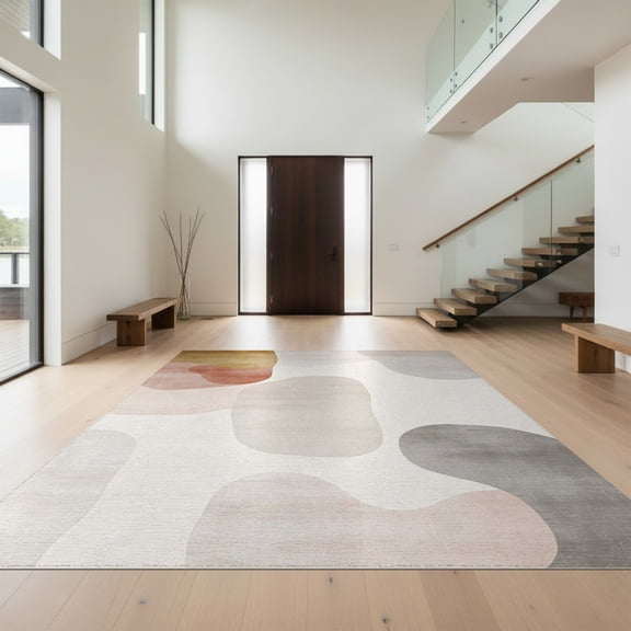 Design&I 8'x10' Washable Area Rug Extra Large Skid-Resistant Low Profile Beige Cream Abstract Brushstroke Contemporary Neutral Tone Plush for Living Room, Family