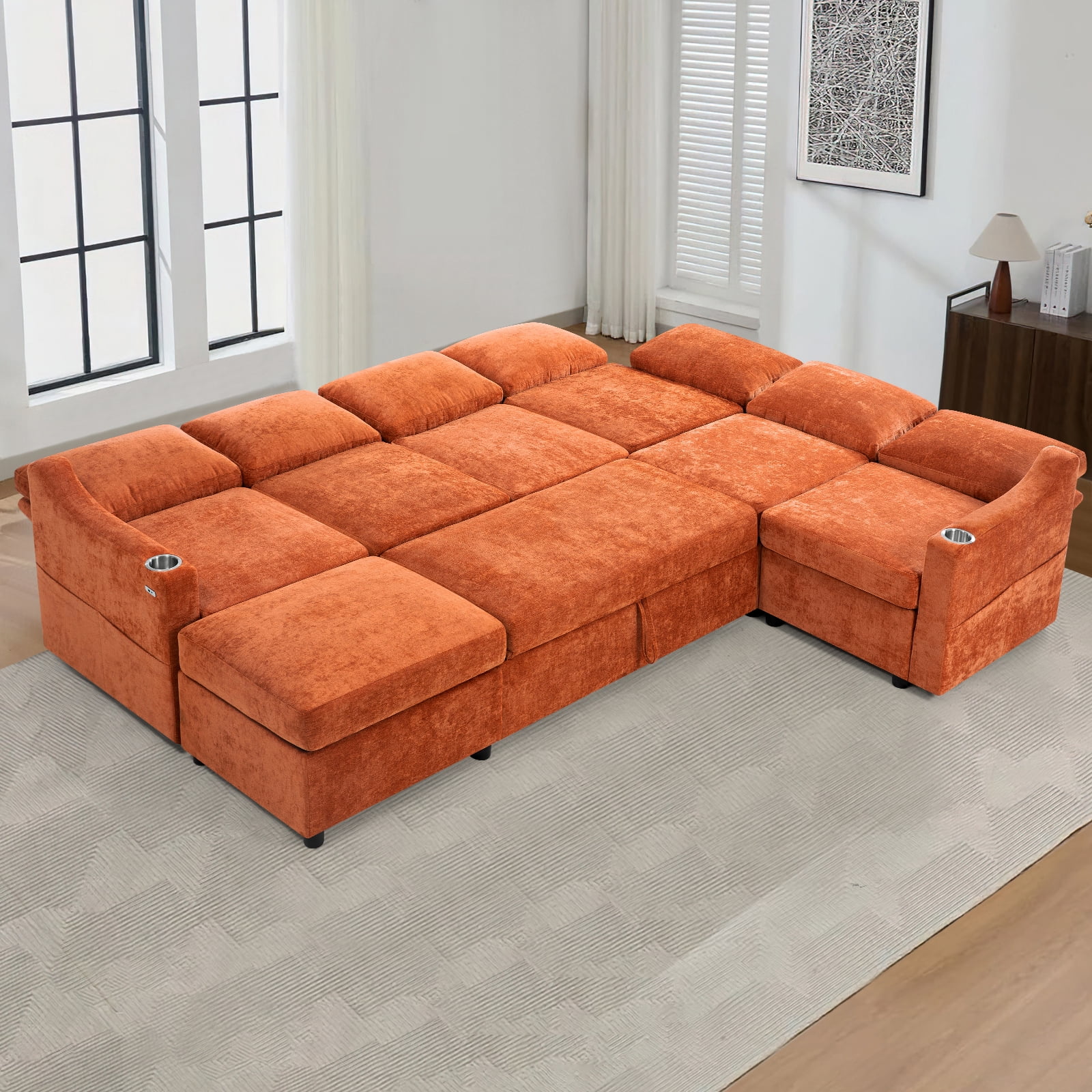 ACMEASE 116 Inches Chenille Sectional Couch w/Adjustable Backrests & Ottoman, Convertible U Shape Sleeper Sofa w/USB Ports, Modular Corner Sofa w/Pull-Out Bed & Storage Space for Living Room, Orange