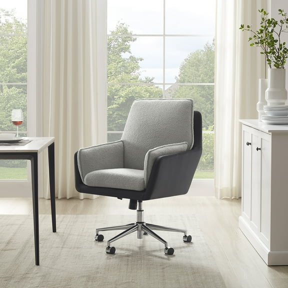 Linon Merle Faux Leather High Back Office Chair with Castors, Black/Gray Sherpa