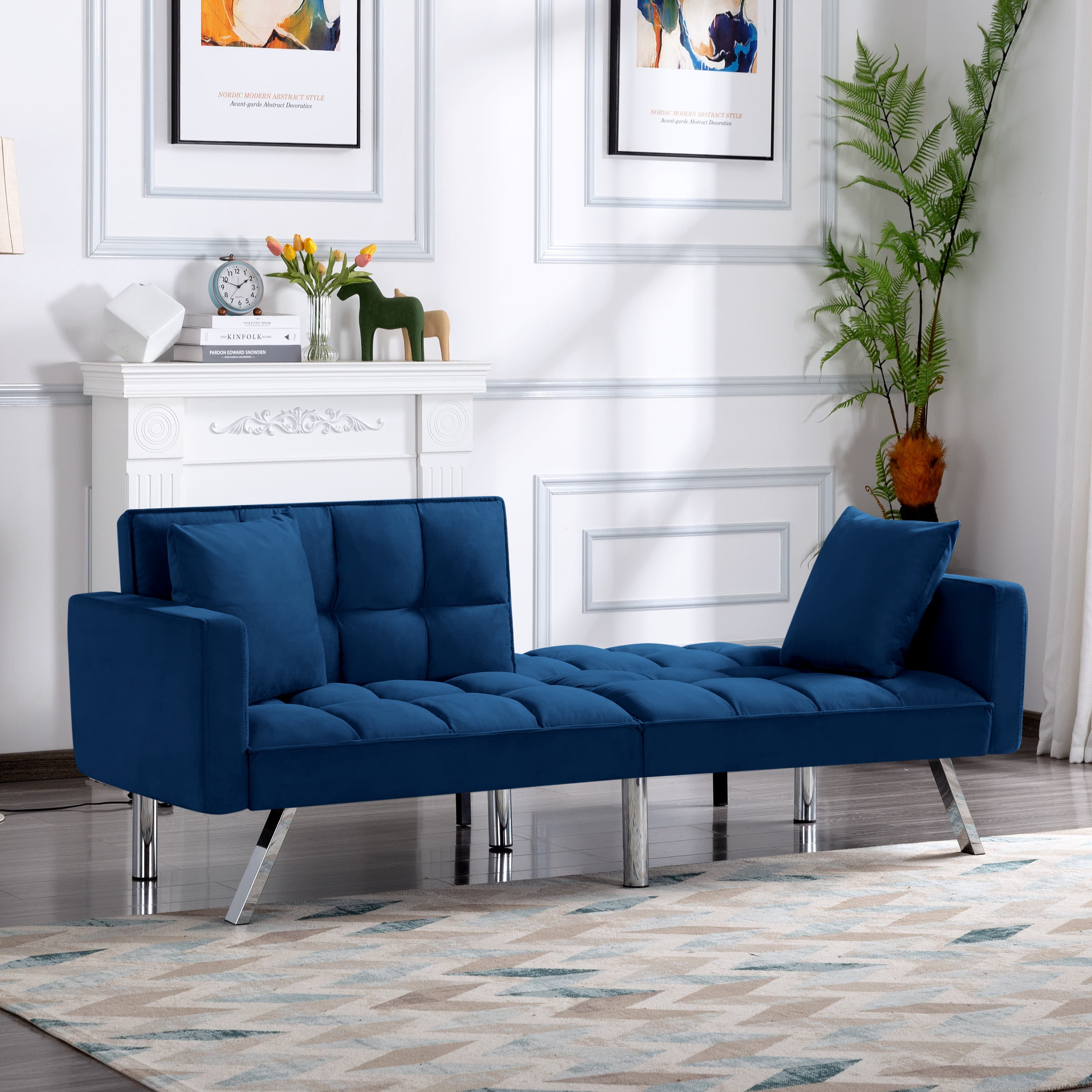 BSHTI Modern Velvet Futon Sofa Bed,Upholstered Tufted Convertible Sofa Sleeper with 2 Pillow(Blue)