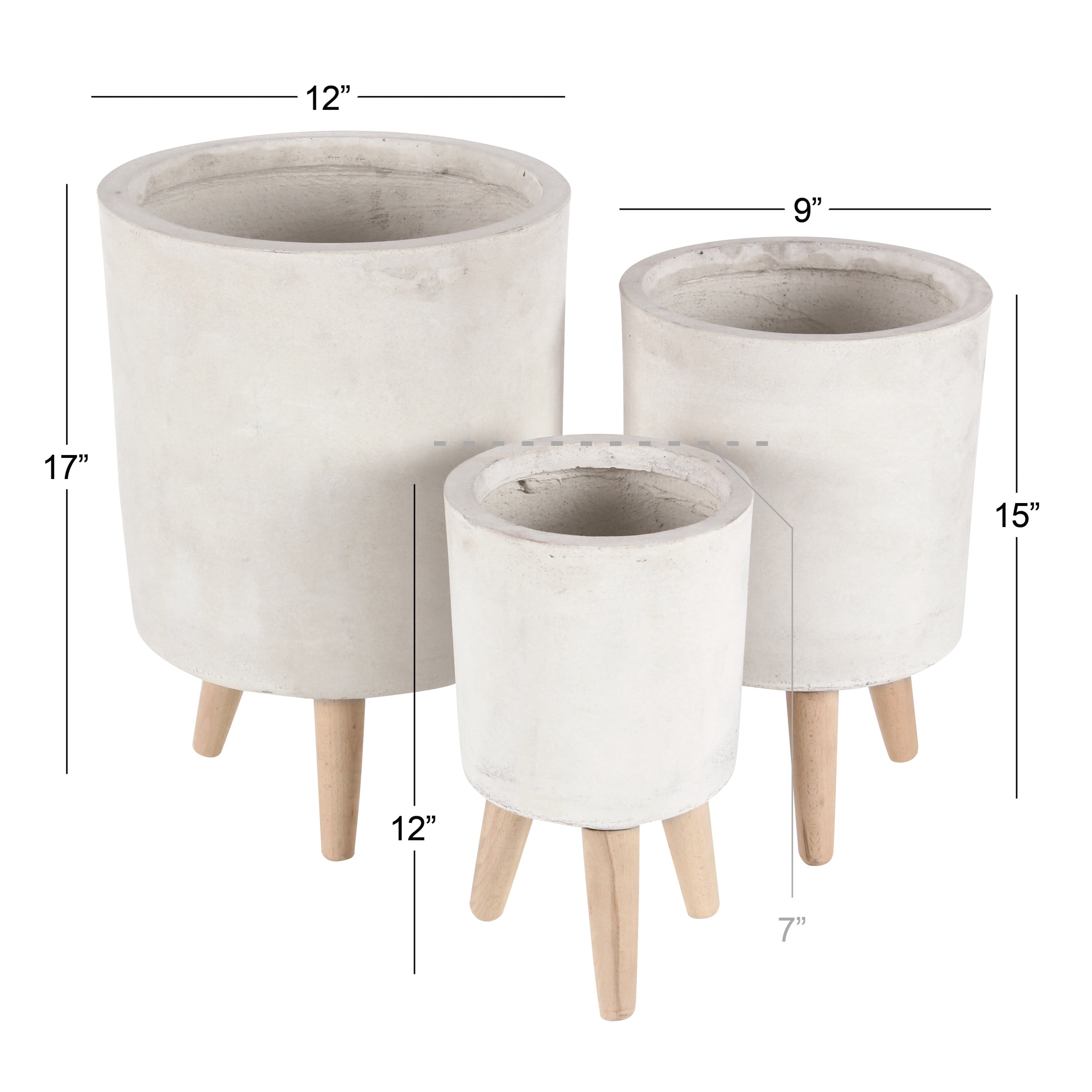 DecMode 12", 15", 17"H White Fiberclay Ceramic Planter with Wood Legs (3 Count)