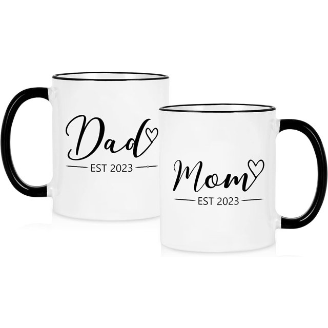 Modwnfy Mom and Dad Mugs, Mom Dad Est 2023 White Ceramic Cup Mugs Set, Gifts for New Parents