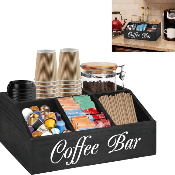 Wood Coffee Station Organizer – 5 compartment storage,Coffee Bar Accessories,Compartment Countertop Holder for Pods & Tea