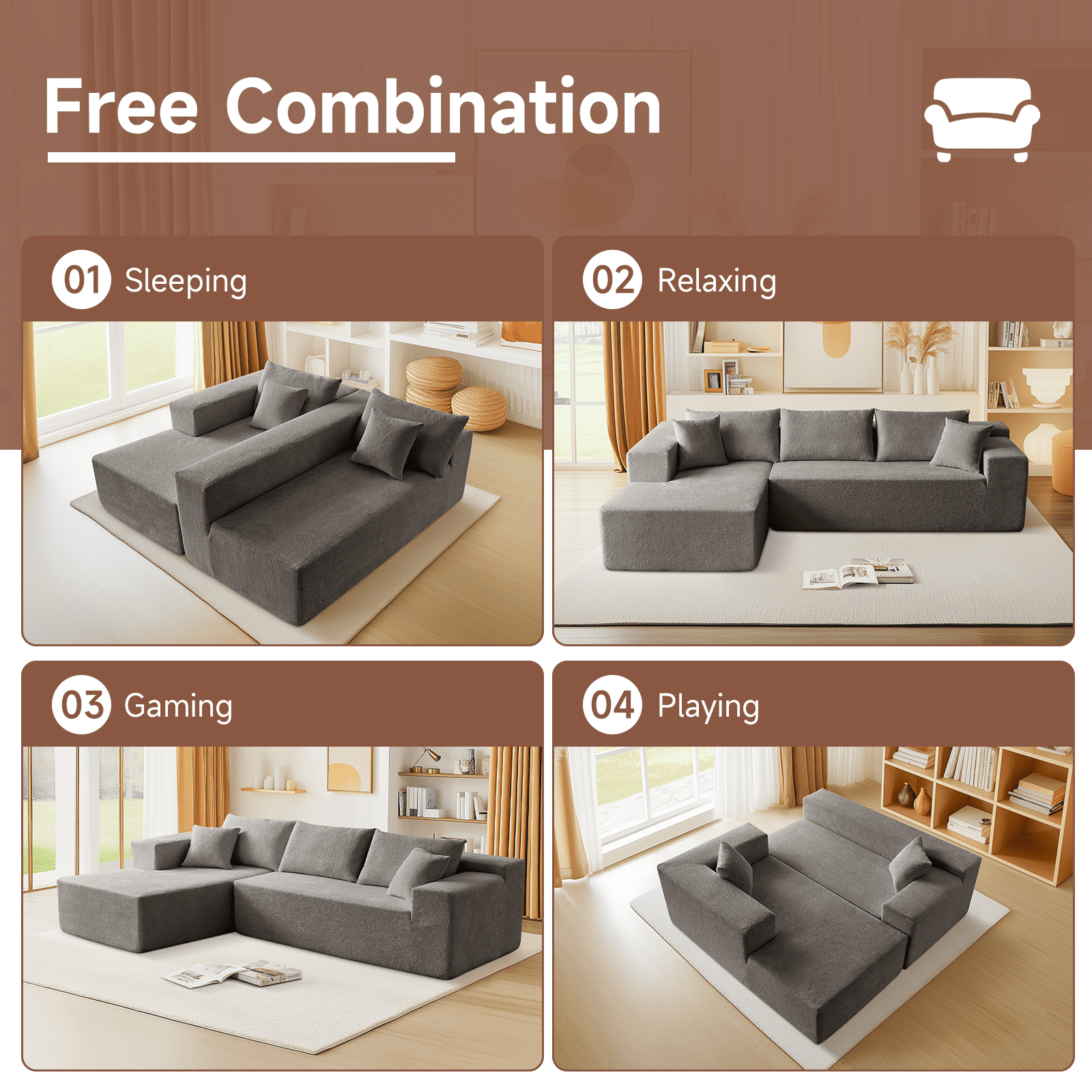 104" Sectional Sofa, L-Shaped Modern Modular High-Density Sponge Corner Sofa with Chaise Lounge & Pillows, Upholstered Cloud Couch for Living Room Bedroom Apartment