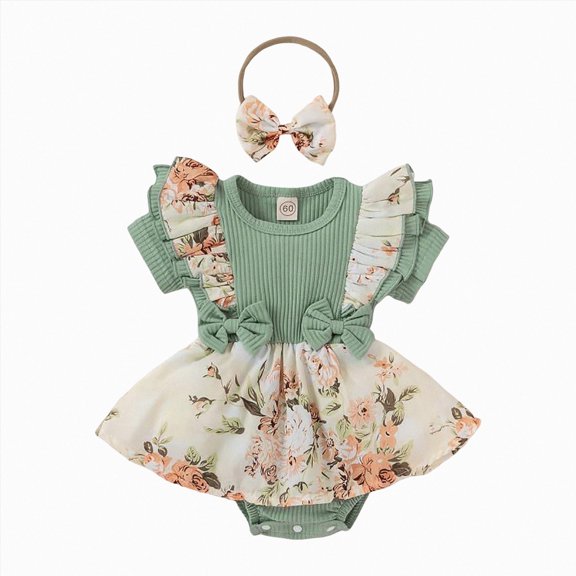 Half Birthday Outfit Baby Girl Short Sleeve Girls Romper Jumpsuit Comfortable Breathable Ribbed Summer Casual Daily Wear Light Green 9-12 Months