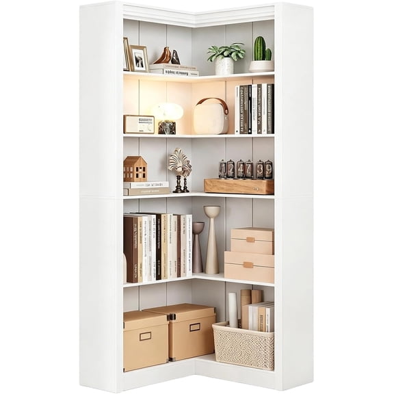 71.8" L-Shaped Corner Bookshelf, 5 Tier Corner Bookcase with Anti-Tip Kit, Tall Storage Display Shelf for Living Room, Home Office, White