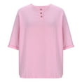 thumbnail image 4 of HOMBOM Shirts for Women Cotton Linen Rolled Sleeve Short Sleeve Solid Pink Spring Loose Fit Ladies T Shirts Crewneck, 4 of 5
