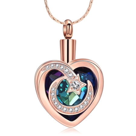 Simulated Birthstone Moon & Star Urn Necklace for Ashes Urn Ashes Necklace Heart Simulated Birthstone Cremation Necklace keepsake Memory Cremation Jewelry for Women Men