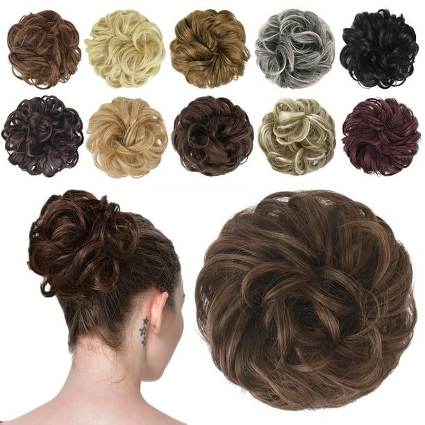 FESHFEN Moños para el cabello, postizos para mujeres, color marrón y castaño claro, coleteros para cabello mixto, extensión de cabello grueso, moño, cola de caballo ondulada desordenada, moño Updo, 1
