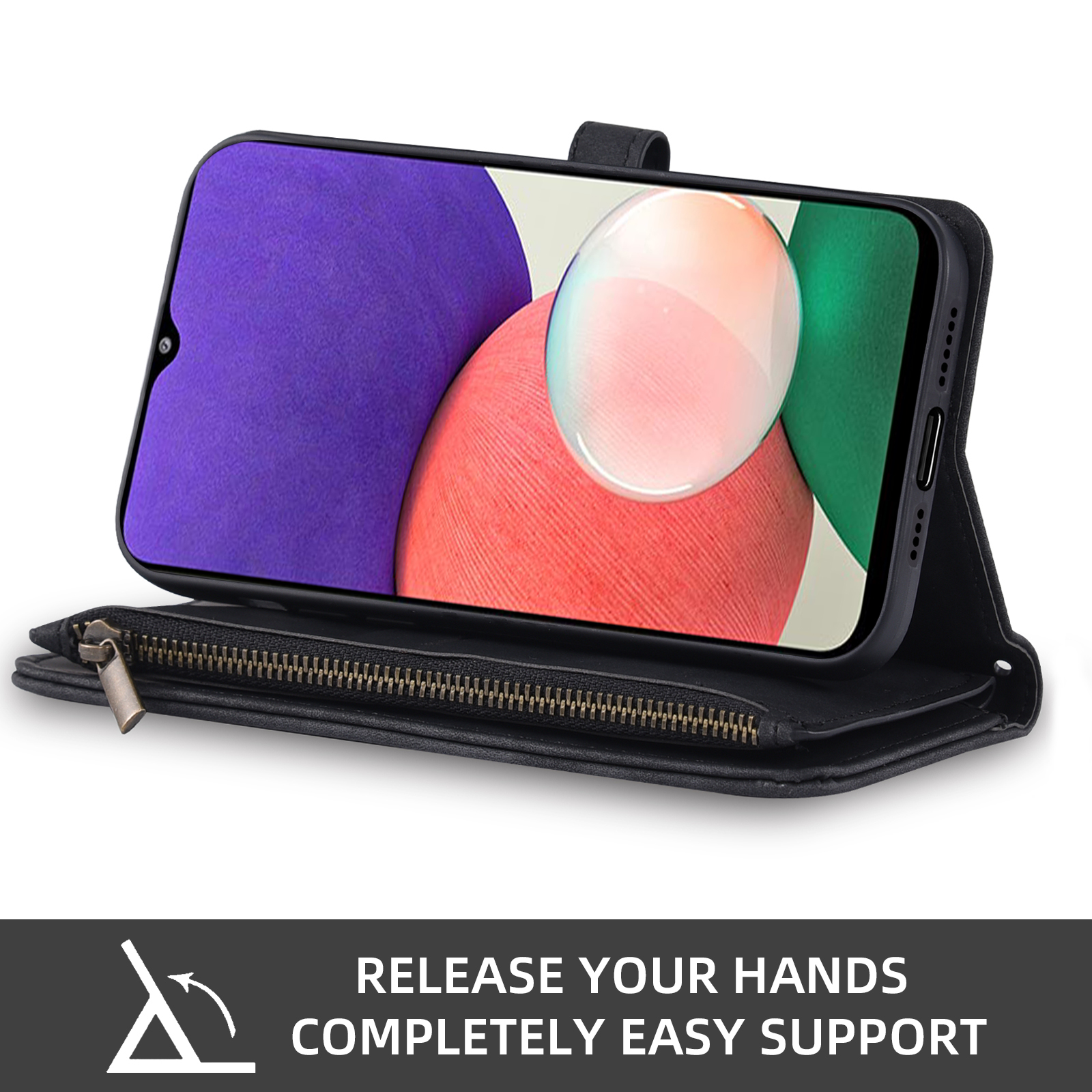 Asuwish Phone Case for Samsung Galaxy A22 5G Wallet Cover With Tempered Glass Screen Protector Crossbody Wrist Strap Flip Pattern Zipper Credit Card Holder Stand Cell A 22 22A A22s G5 Women Men Black