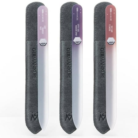 GERMANIKURE Czech Crystal Glass Nail File 3 Pack in Suede Leather Case - Professional Manicure & Pedicure Products for Smooth Easy Shaping of Natural Nails