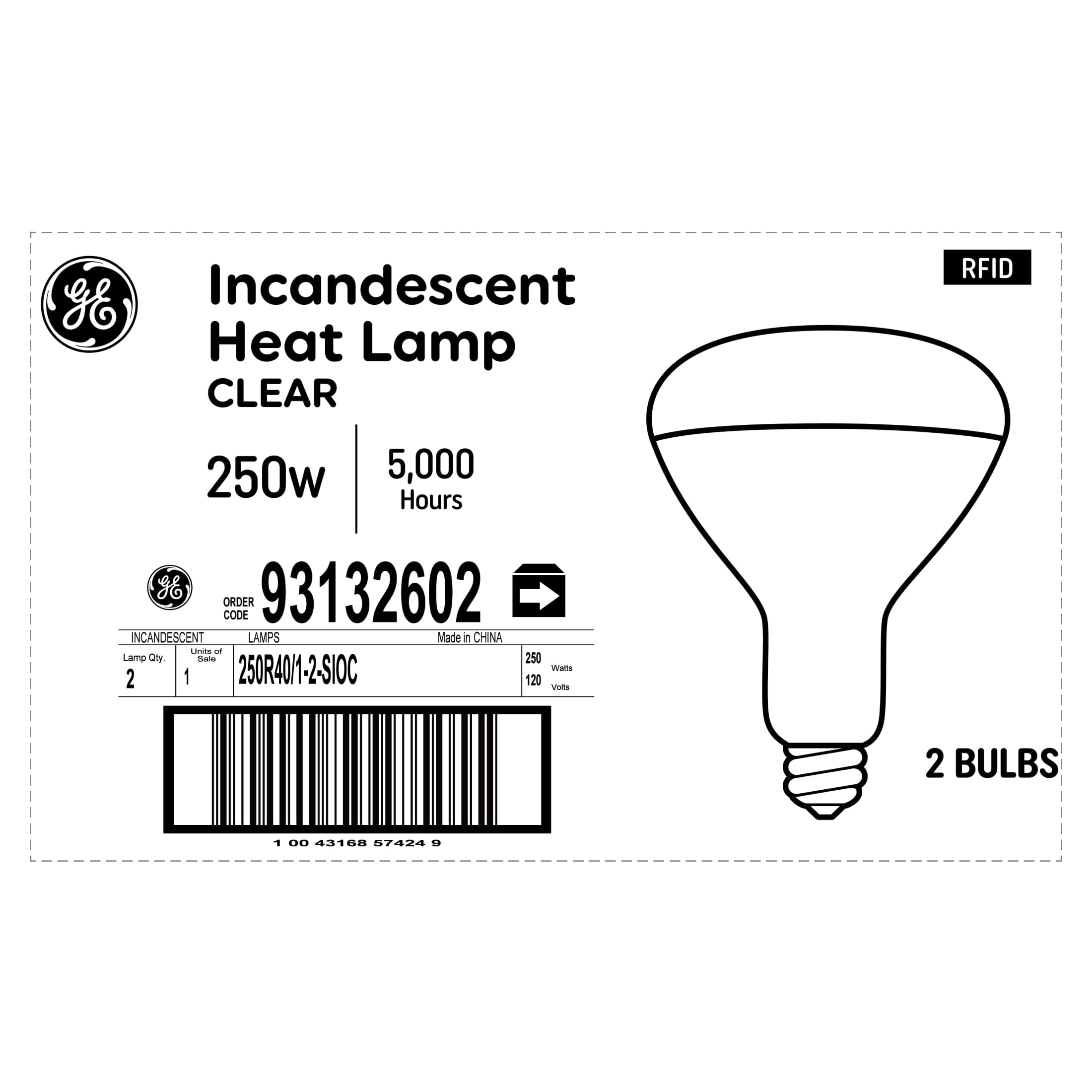 GE Incandescent Heat Lamp, 250 Watt Replacement, Soft White, BR40 Clear Floodlight Bulb (2 Pack)