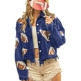 thumbnail image 1 of Women's Cropped Corduroy Jacket Football Sequin Patched Short Button Raw Hem Jacket Coat, 1 of 5