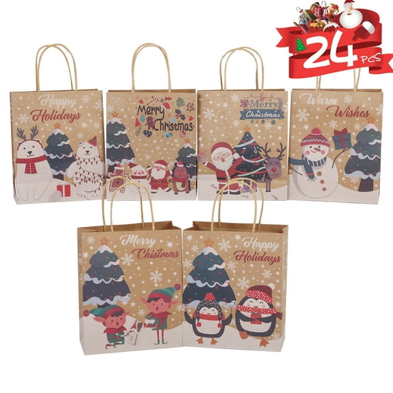 24 Pack Paper Gift Bags with Handles Bulk Christmas Kraft Paper Bags Paper Shopping Bags Birthday Gift Bags for Restaurant Takeout Business