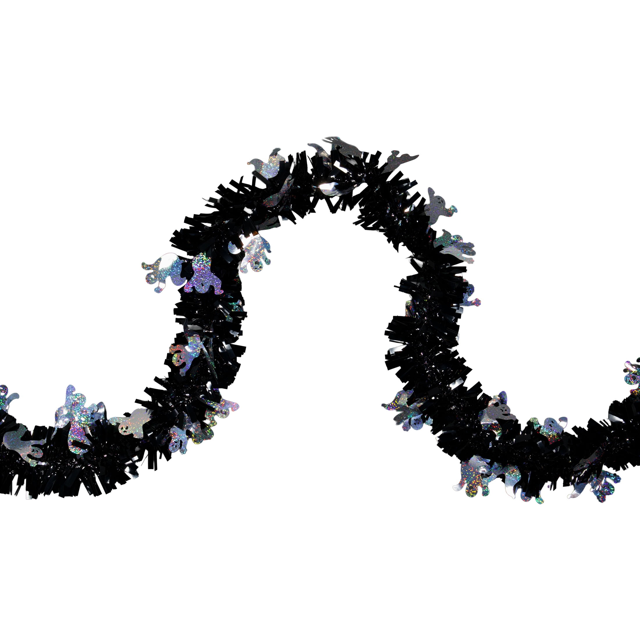 Tinsel Garland with Ghost Cut-Outs, Silver and Black, 12', Halloween by Way To Celebrate