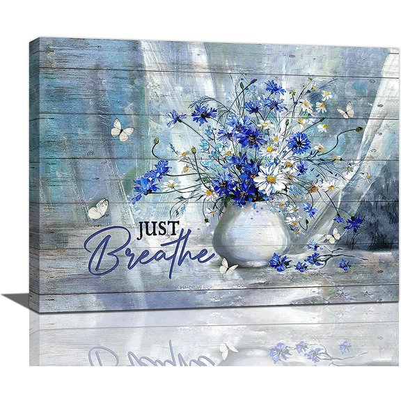 Farmhouse Bathroom Decor Wall Art Rustic Floral Butterfly Pictures Just Breathe Flower Canvas Painting Blue Framed Artwork for Living Room Bedroom Kitchen 16''x12'',(wmd8zjuexbthbn0)