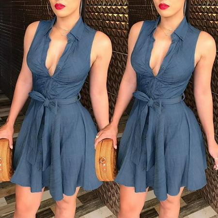 Front Denim Mini Dress - Women Summer Bodycon Denim sleeveless Short Dress Party Evening Mini Dress L