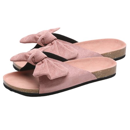 

Women\ s Flat Sandals with Bow and Rubber Sole Slip On Anti-Slip Beach Shoes Shower Slippers