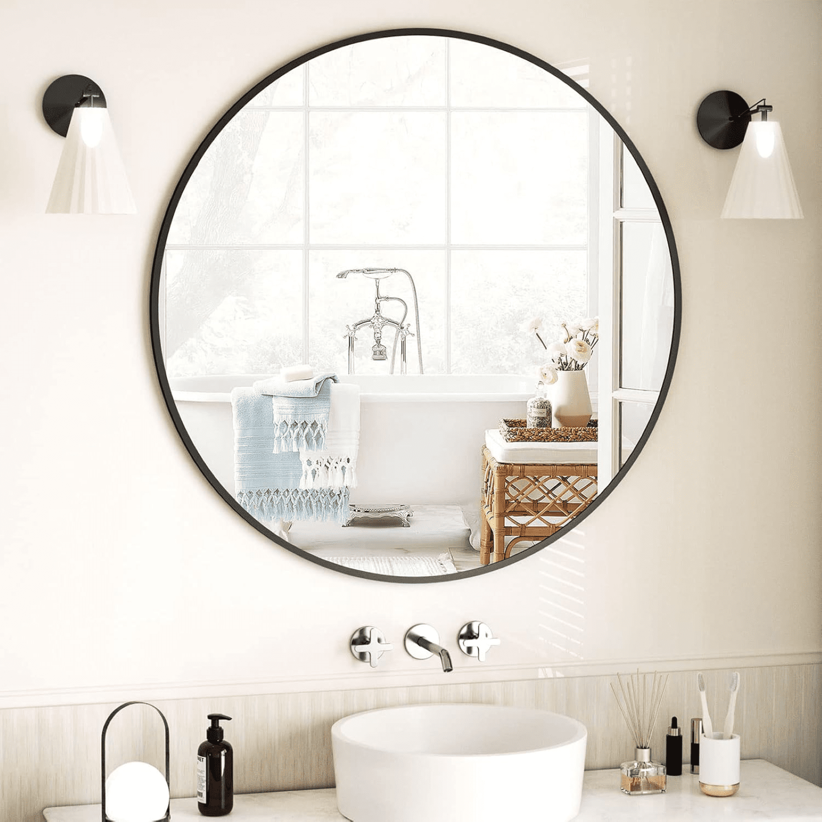 AUROMIR 28" Round Wall Mirror Bathroom Vanity Mirror Aluminum Alloy Frame,Black