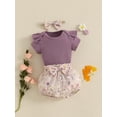 thumbnail image 4 of Baby Toddler Girls Shorts Clothes Set, 3 6 12 18 Months Short Sleeve Romper with Floral Shorts and Hairband Summer Outfit, 4 of 9