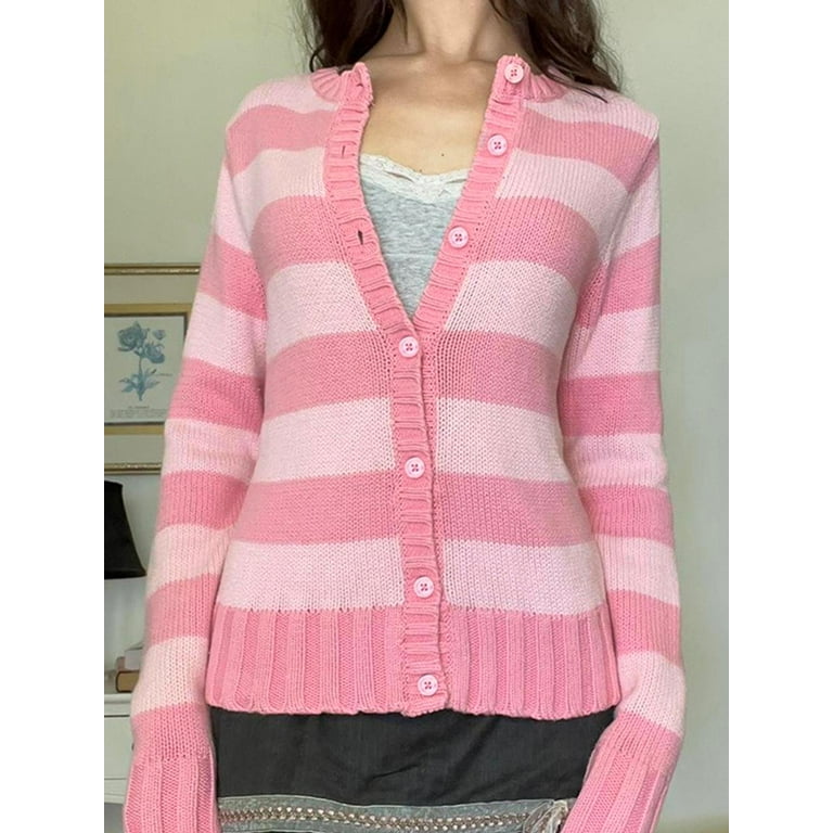Womens Y2K Button Down Sweaters Jacket Striped Knitted Long Sleeve